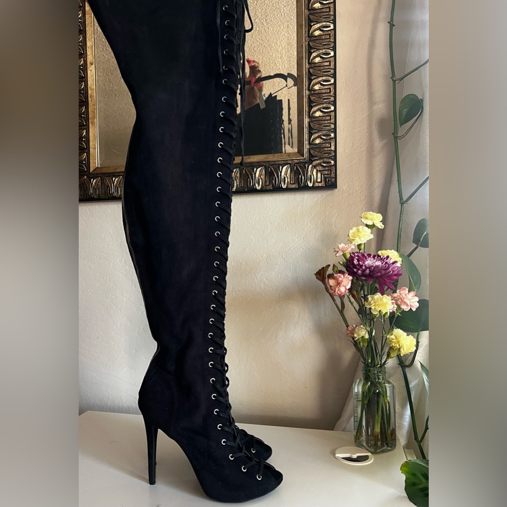 Black Lace-Up Over-the-Knee Peep-Toe Boots